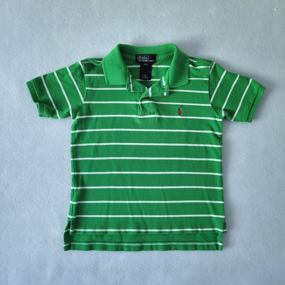Polo Ralph Lauren Kids Green White Striped Short Sleeve Polo Shirt Size 4 4T